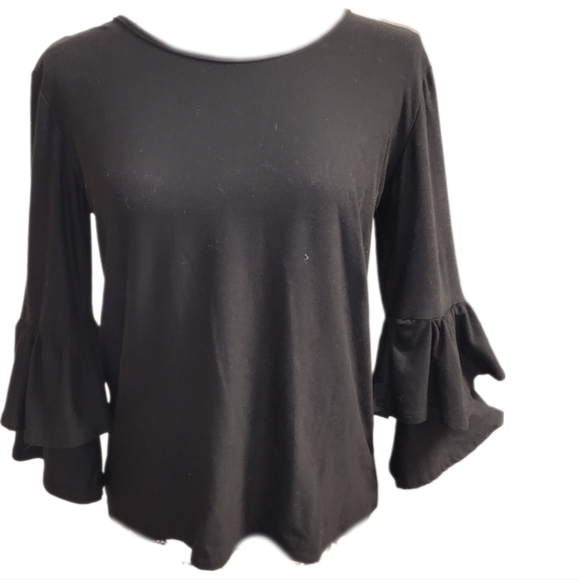 MARCI BLACK TOP WITH WIDE FLUTTER SLEEVES BLACK STRETCH SZ L - Picture 4 of 4